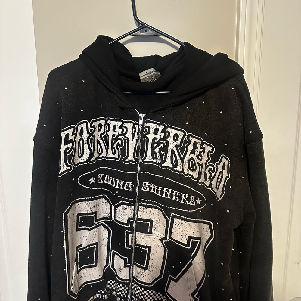 Graphic rhinestone heavyweight zip up